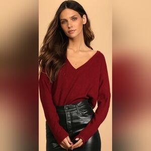 Lulu's Ribbed V-Neck Sweater Top in red wine